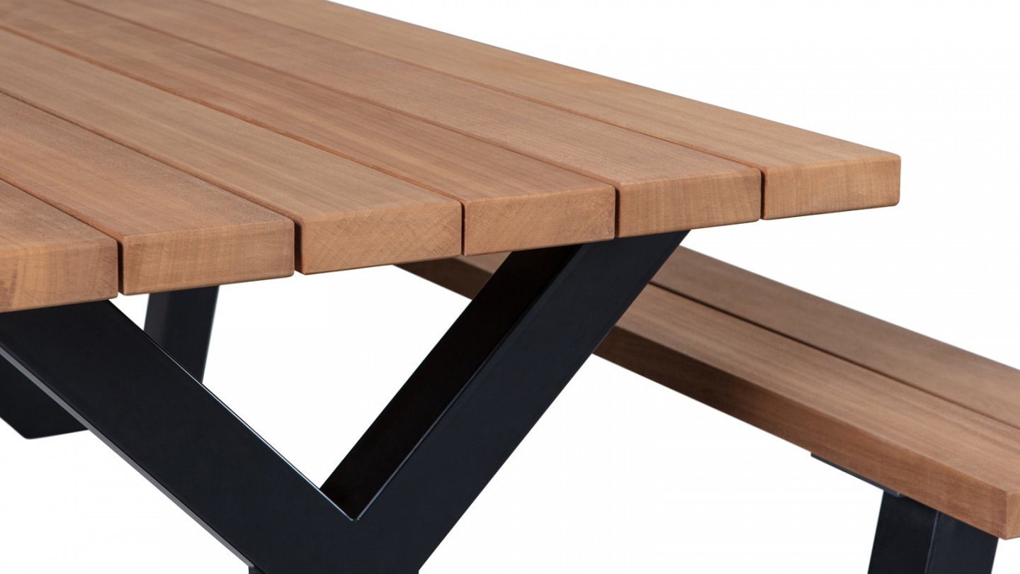 Table de jardin 6 personnes avec bancs intégrés en bois et métal - Collection Tablo - Woood