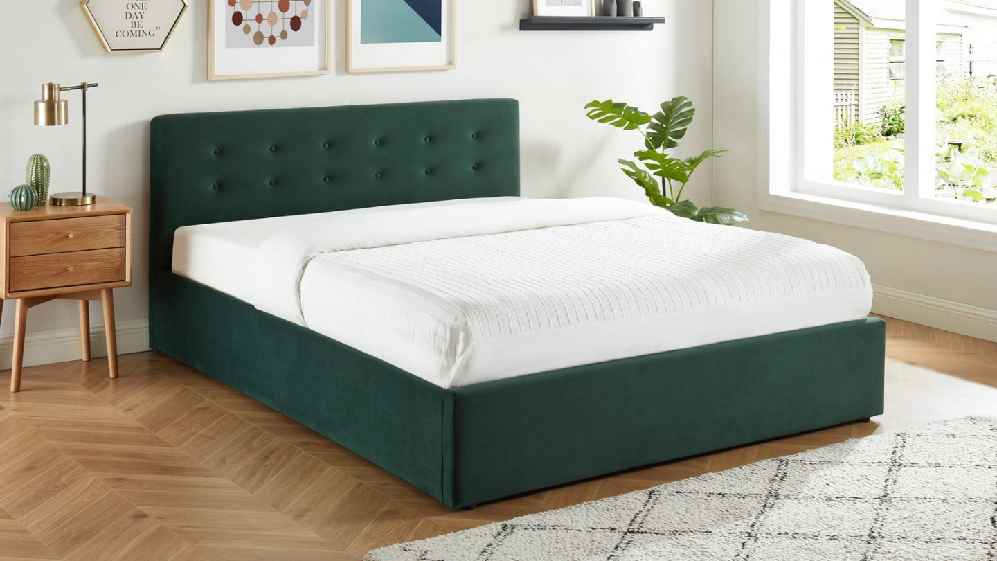 Lit coffre 160x200 en velours vert avec tête de lit et sommier à lattes - Collection Tina