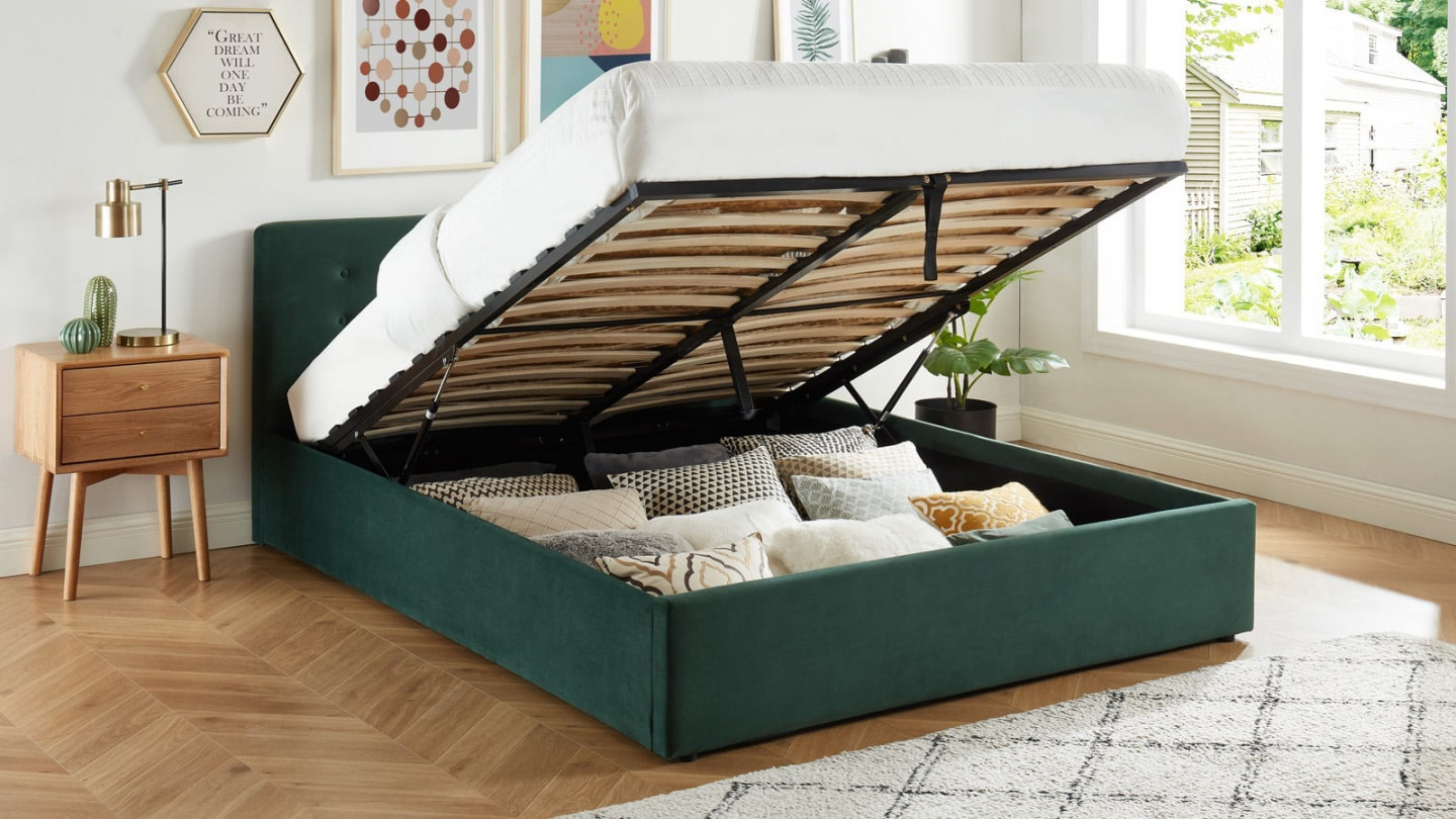 Lit coffre 160x200 en velours vert avec tête de lit et sommier à lattes - Collection Tina