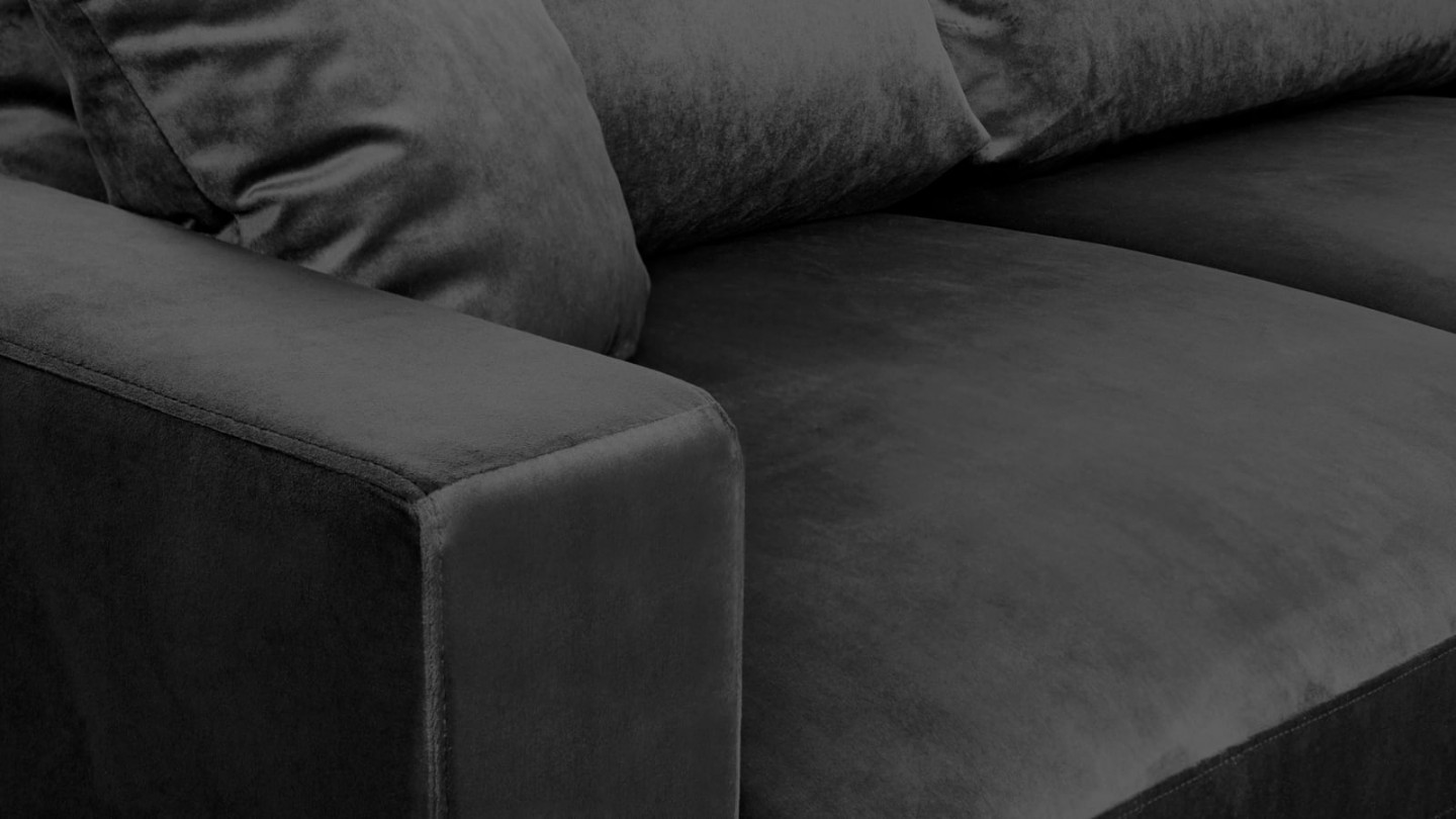 Canapé d'angle droit convertible 5 places en velours gris avec coffre de rangement - Collection Robin