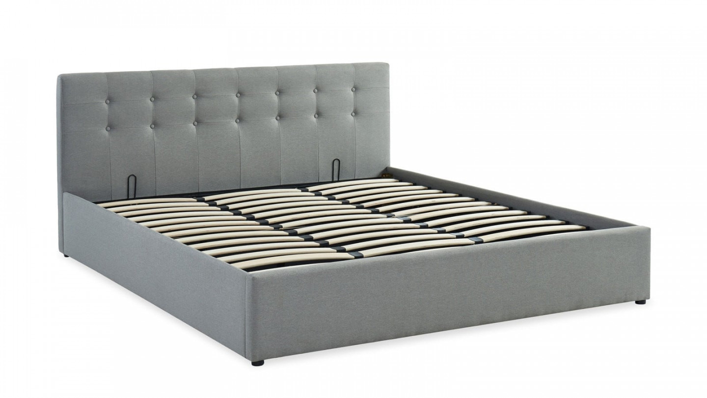 Ensemble lit coffre 180x200 en tissu gris clair + matelas Memo HR avec tête de lit et sommier à lattes - Collection Tina