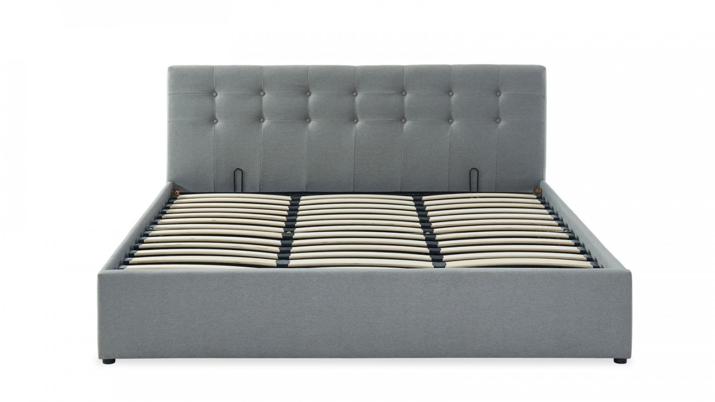 Ensemble lit coffre 180x200 en tissu gris clair + matelas Memo HR avec tête de lit et sommier à lattes - Collection Tina