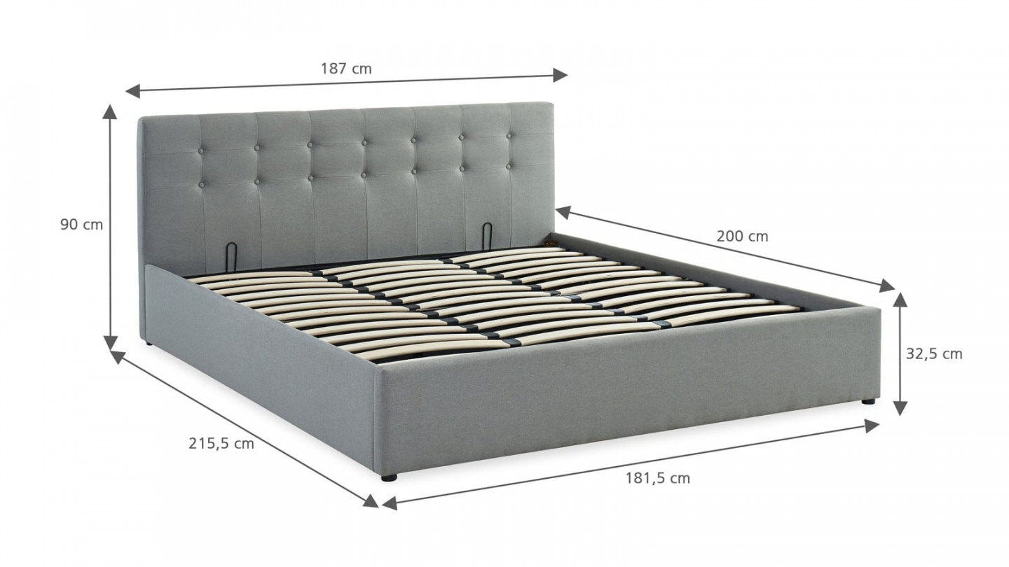 Ensemble lit coffre 180x200 en tissu gris clair + matelas Memo HR avec tête de lit et sommier à lattes - Collection Tina