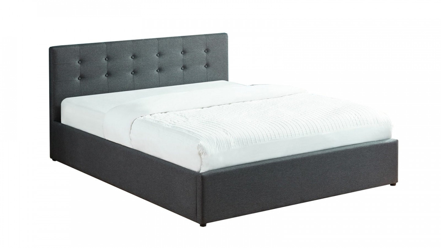 Ensemble lit coffre 160x200 en tissu gris anthracite + matelas Memo HR avec tête de lit et sommier à lattes - Collection Tina