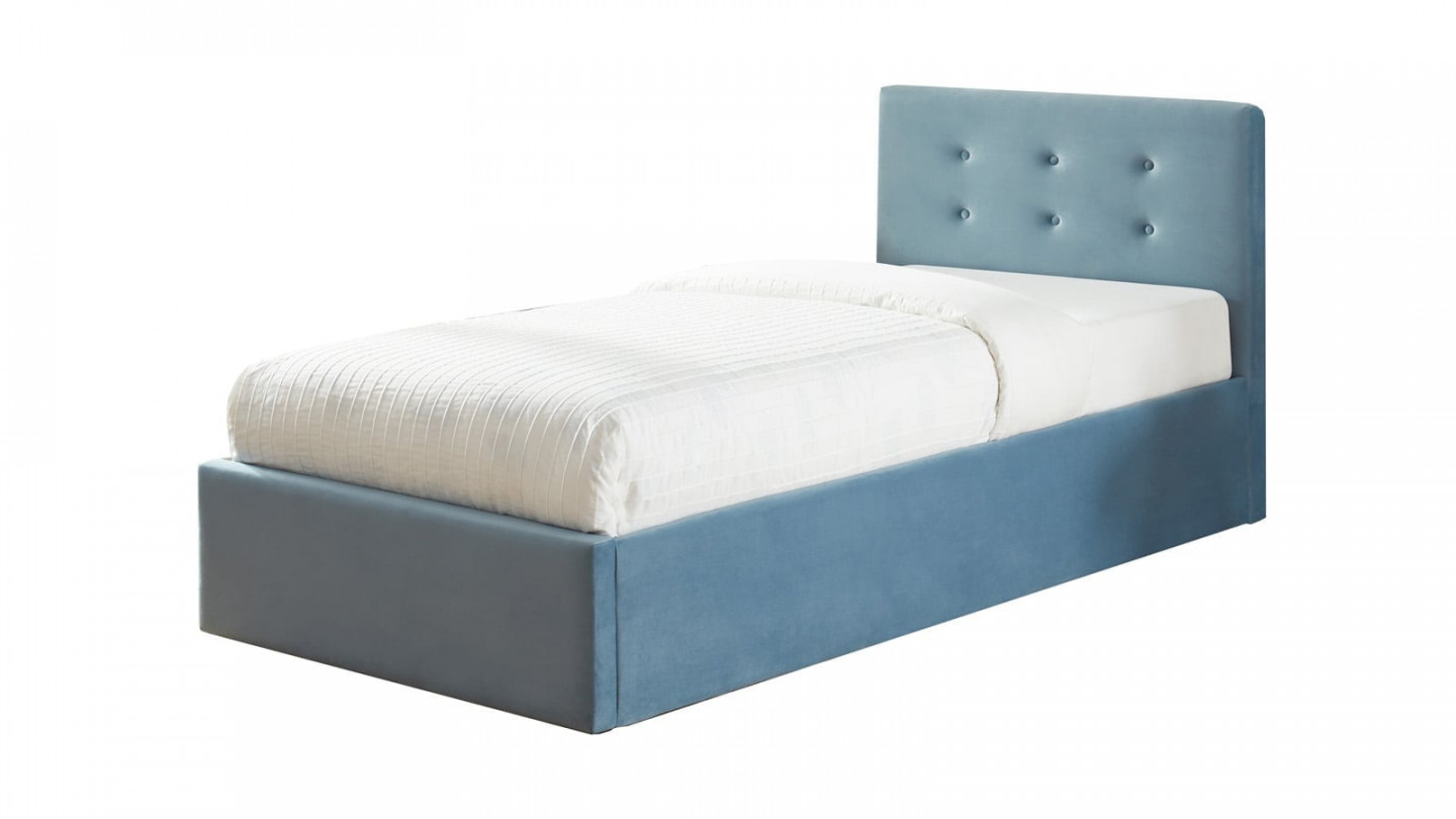 Ensemble lit coffre enfant 90x190 en velours bleu + matelas Memo HR avec tête de lit, sommier à lattes - Collection Tina