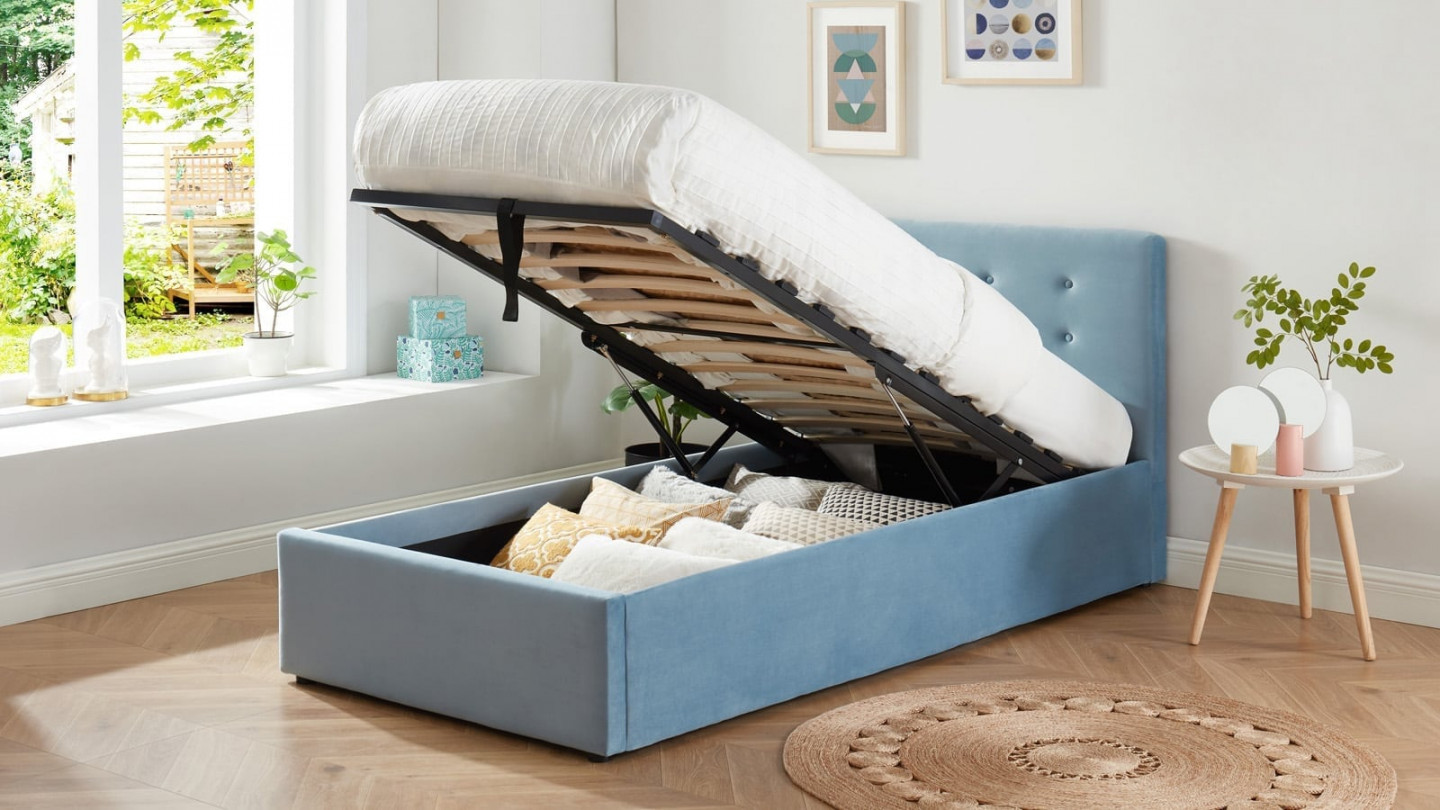 Ensemble lit coffre enfant 90x190 en velours bleu + matelas Memo HR avec tête de lit, sommier à lattes - Collection Tina