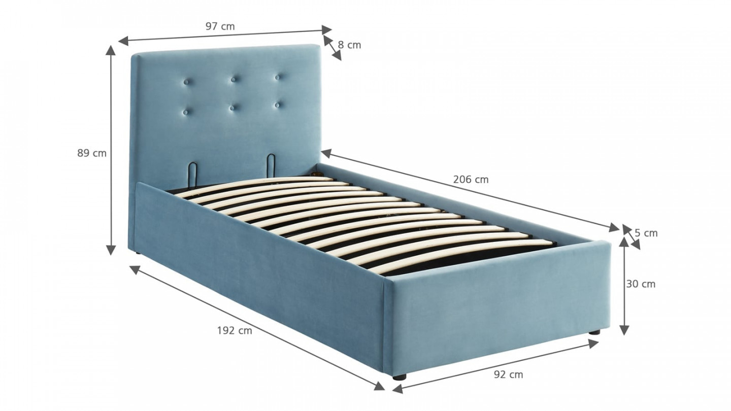 Ensemble lit coffre enfant 90x190 en velours bleu + matelas Memo HR avec tête de lit, sommier à lattes - Collection Tina