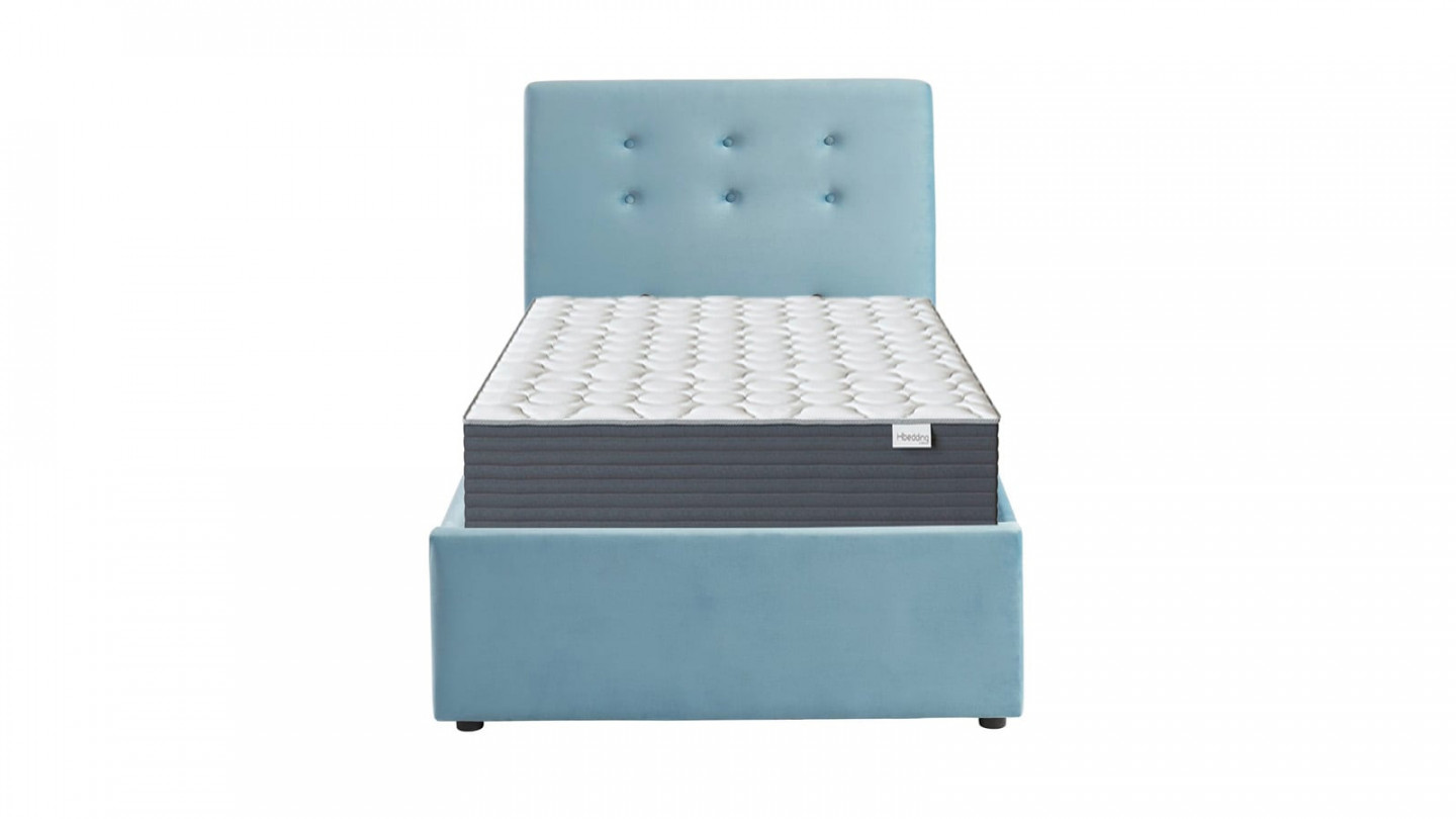 Ensemble lit coffre enfant 90x190 en velours bleu + matelas Memo HR avec tête de lit, sommier à lattes - Collection Tina