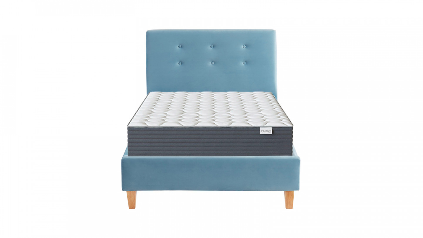 Ensemble lit enfant + matelas Memo HR avec tête de lit capitonnée en velours bleu - sommier à lattes 90x190cm - Collection Milo