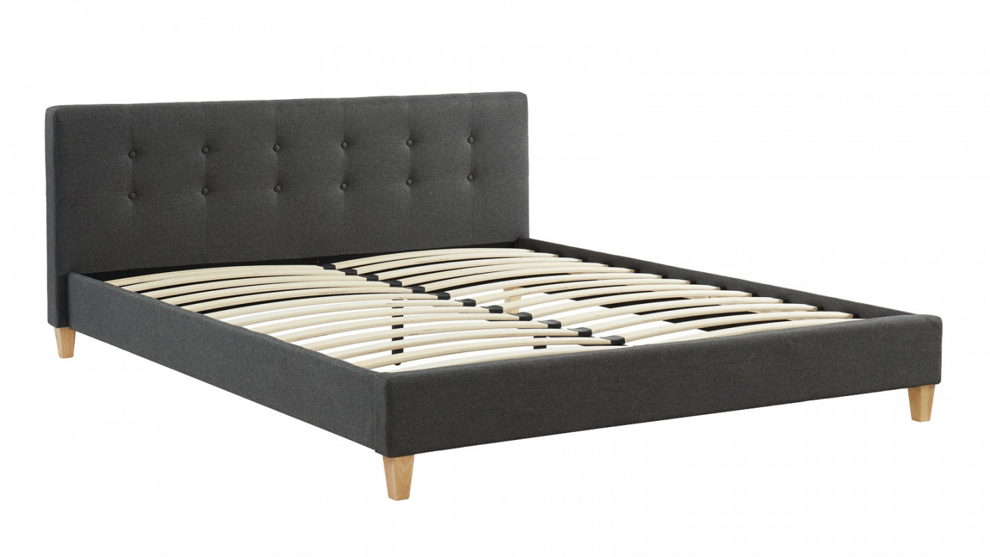 Ensemble lit + matelas Memo HR avec tête de lit capitonnée en tissu gris foncé - sommier à lattes 160x200cm - Collection Milo