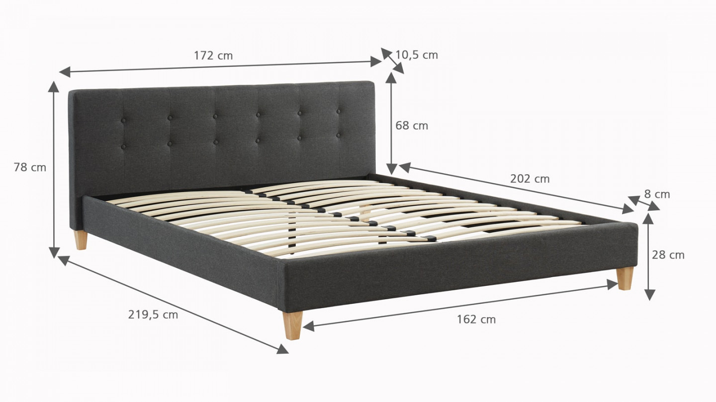 Ensemble lit + matelas Memo HR avec tête de lit capitonnée en tissu gris foncé - sommier à lattes 160x200cm - Collection Milo