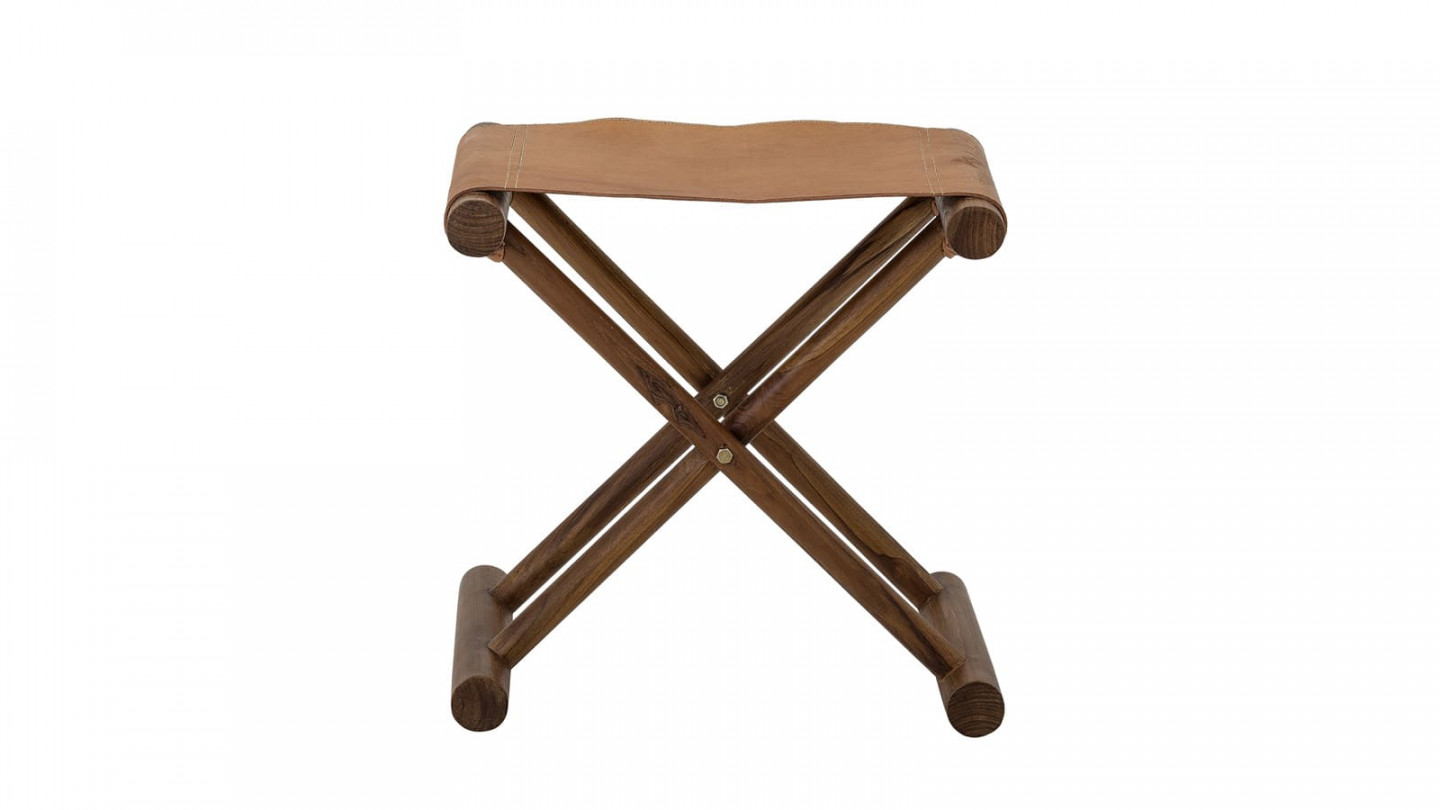 Tabouret croisé en bois et cuir marron - Collection Esma - Bloomingville