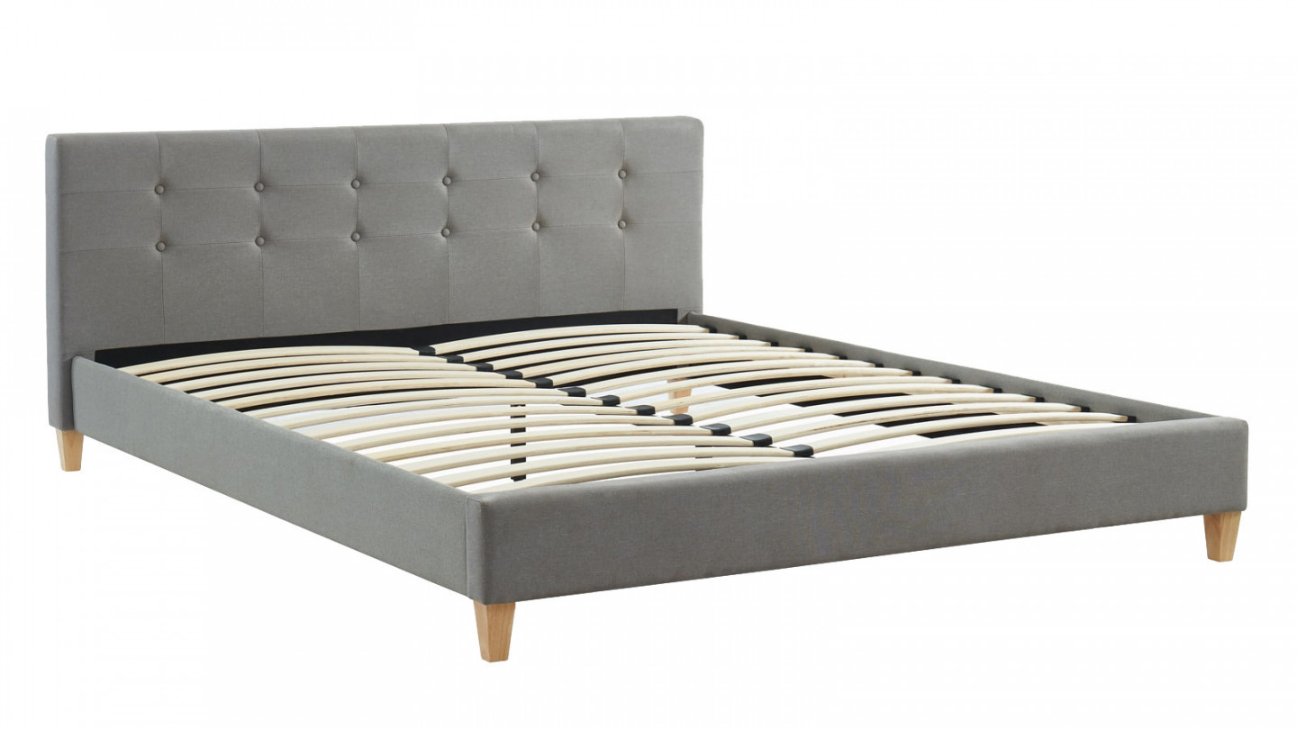 Ensemble lit 160x200cm + matelas Memo HR avec tête de lit capitonnée en tissu gris clair - sommier à lattes - Collection Milo