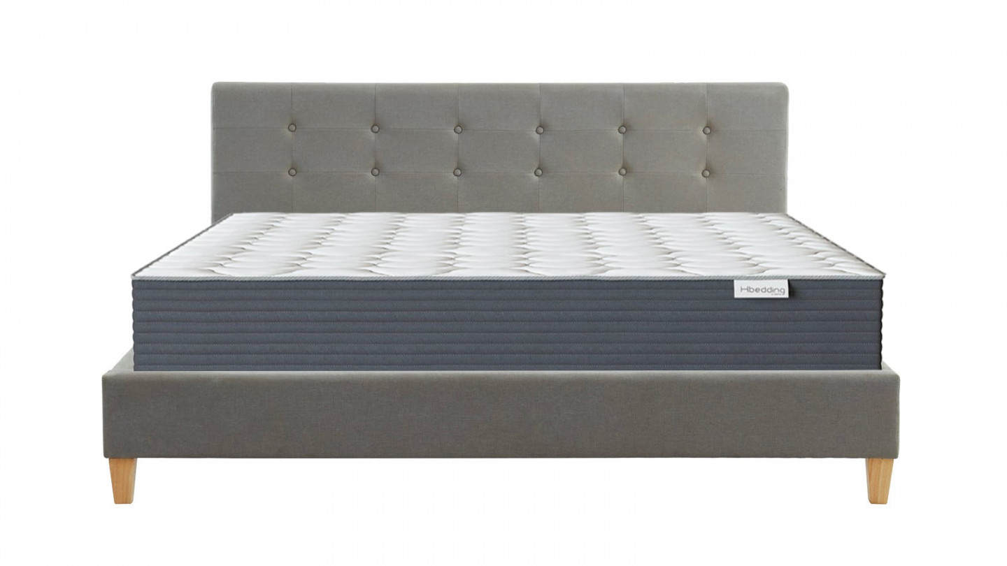 Ensemble lit 160x200cm + matelas Memo HR avec tête de lit capitonnée en tissu gris clair - sommier à lattes - Collection Milo