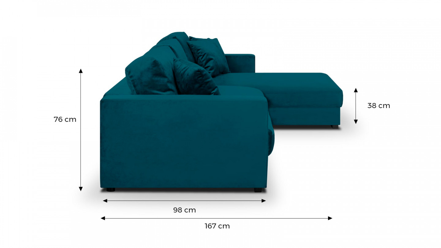 Canapé d'angle droit convertible 5 places en velours bleu canard avec coffre de rangement - Collection Robin