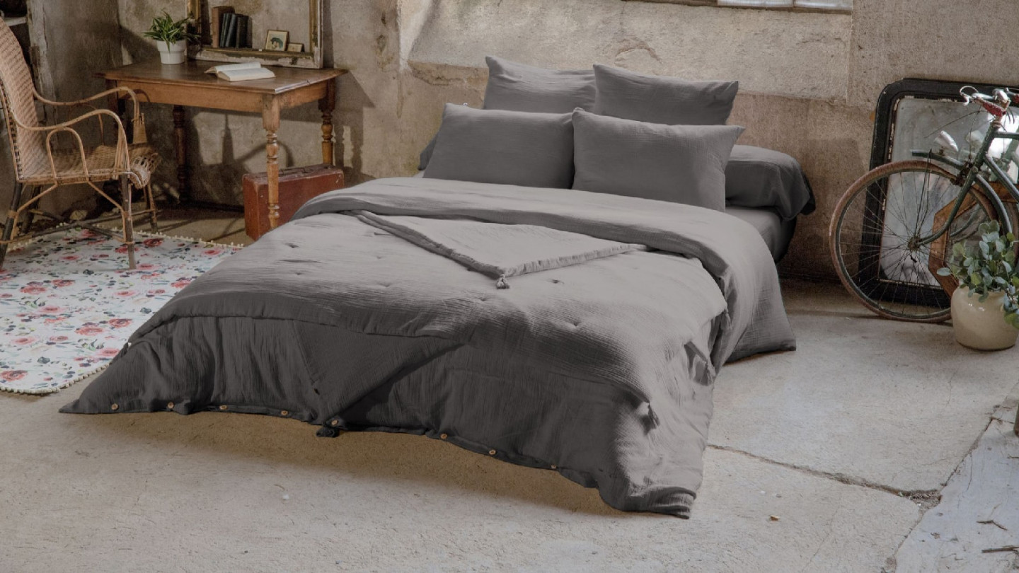 HOUSSE DE COUETTE 240x220CM 100% GAZE DE COTON - GRANIT