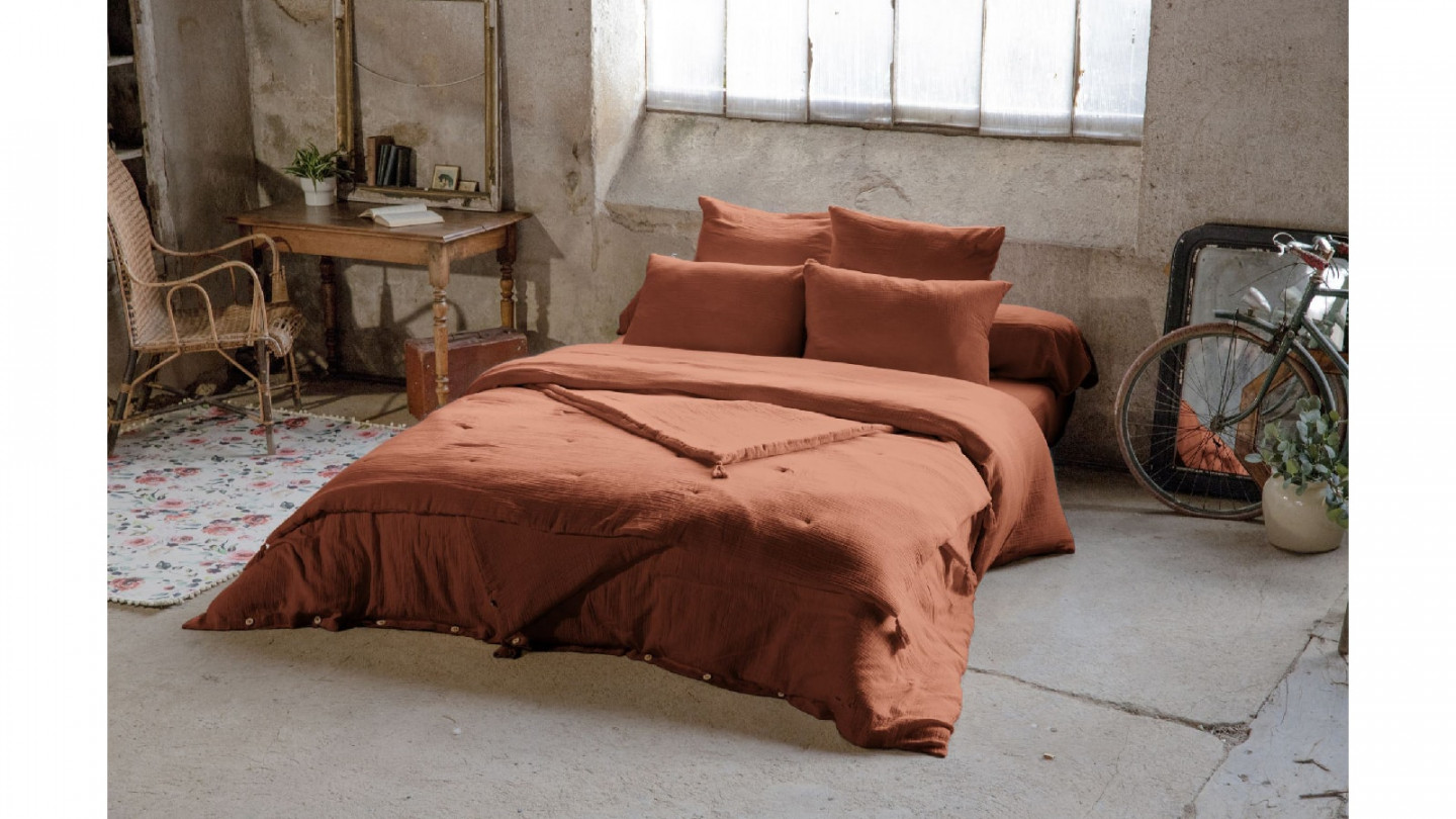 HOUSSE DE COUETTE 240x220CM 100% GAZE DE COTON -TERRACOTTA