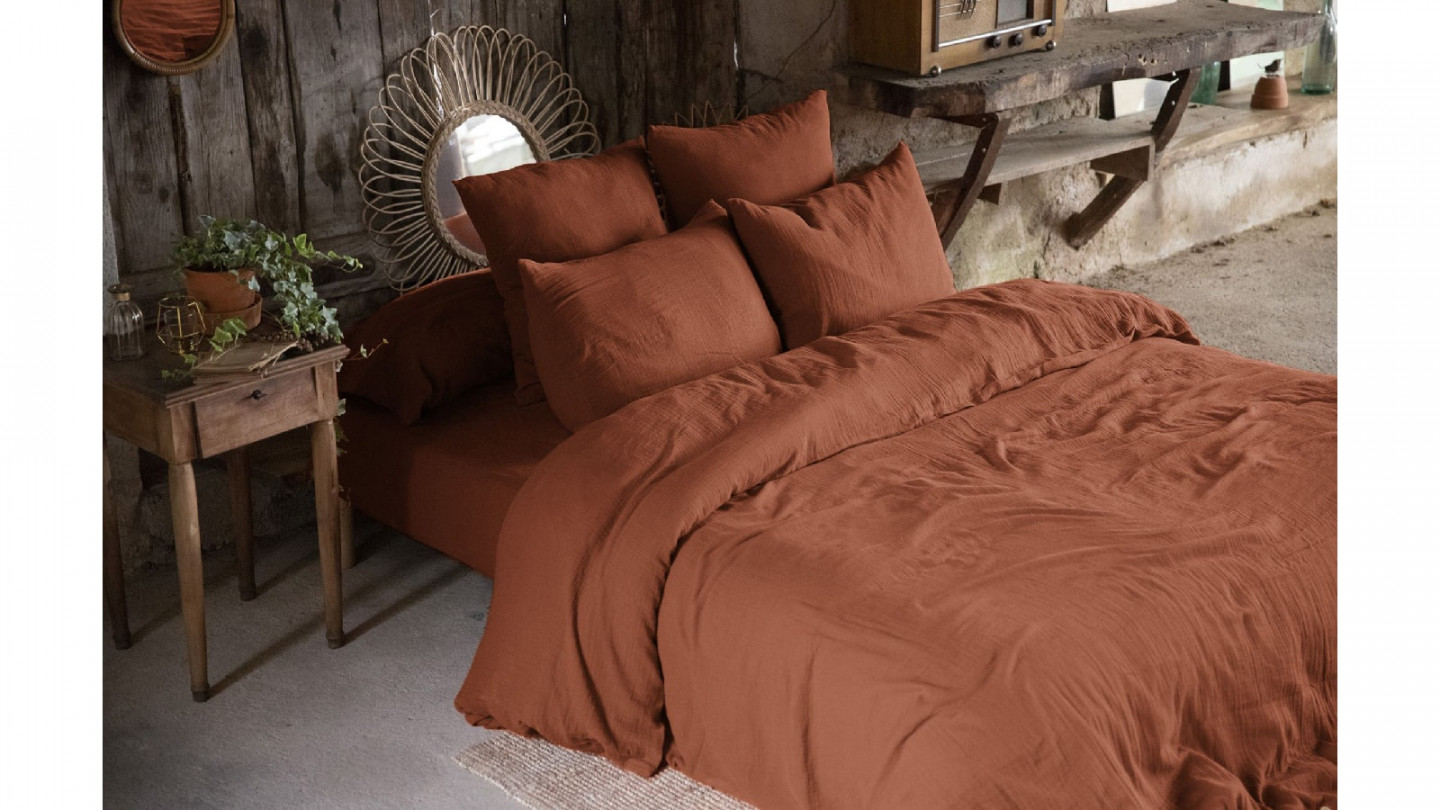 HOUSSE DE COUETTE 240x220CM 100% GAZE DE COTON -TERRACOTTA