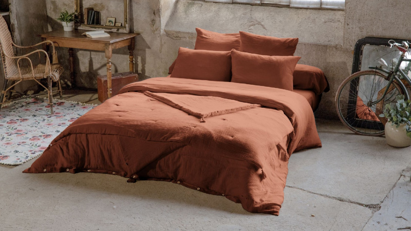 DRAP HOUSSE 160x200CM 100% GAZE DE COTON TERRACOTTA