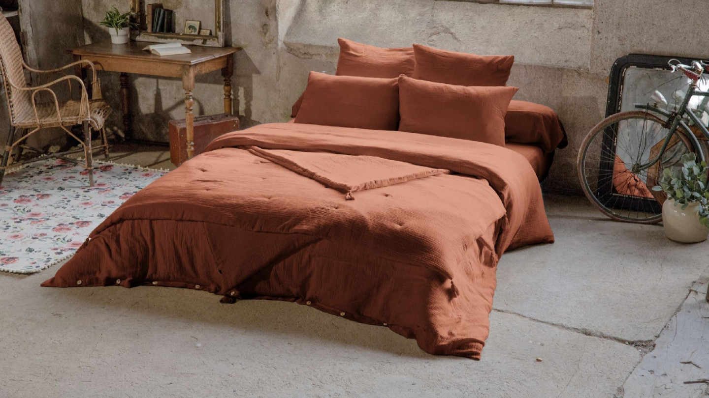 DRAP HOUSSE 140x190CM 100% GAZE DE COTON TERRACOTTA