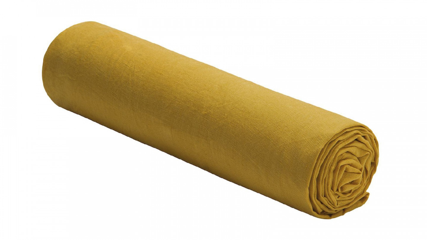 DRAP HOUSSE 180X200CM 100% LIN LAVÉ JAUNE CURRY