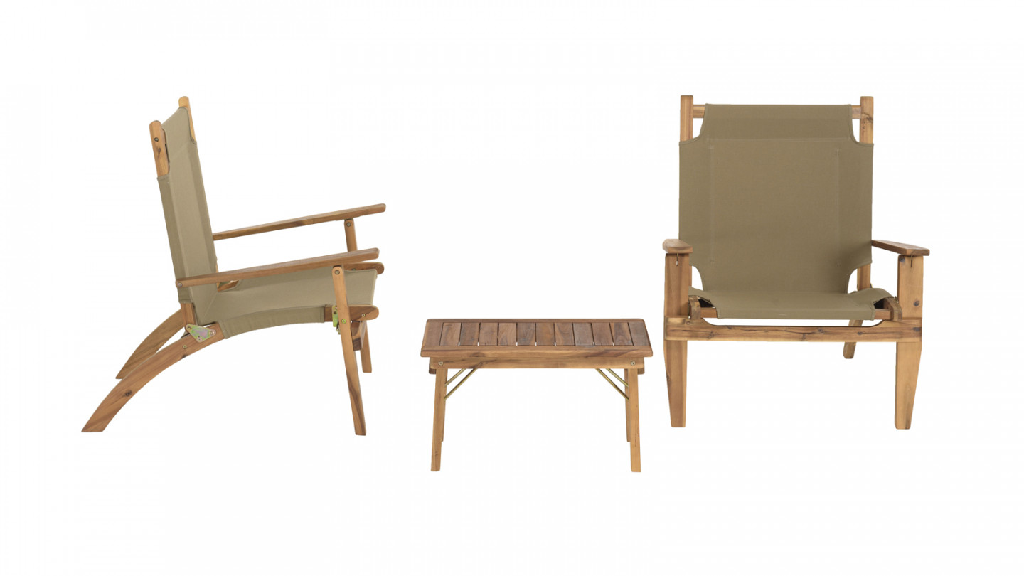 Salon de jardin 2 places avec 2 fauteuils et 1 table basse 63,5x36 cm en bois d'acacia - Vick