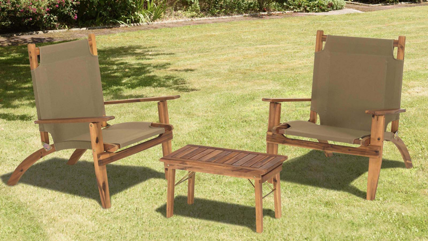 Salon de jardin 2 places avec 2 fauteuils et 1 table basse 63,5x36 cm en bois d'acacia - Vick