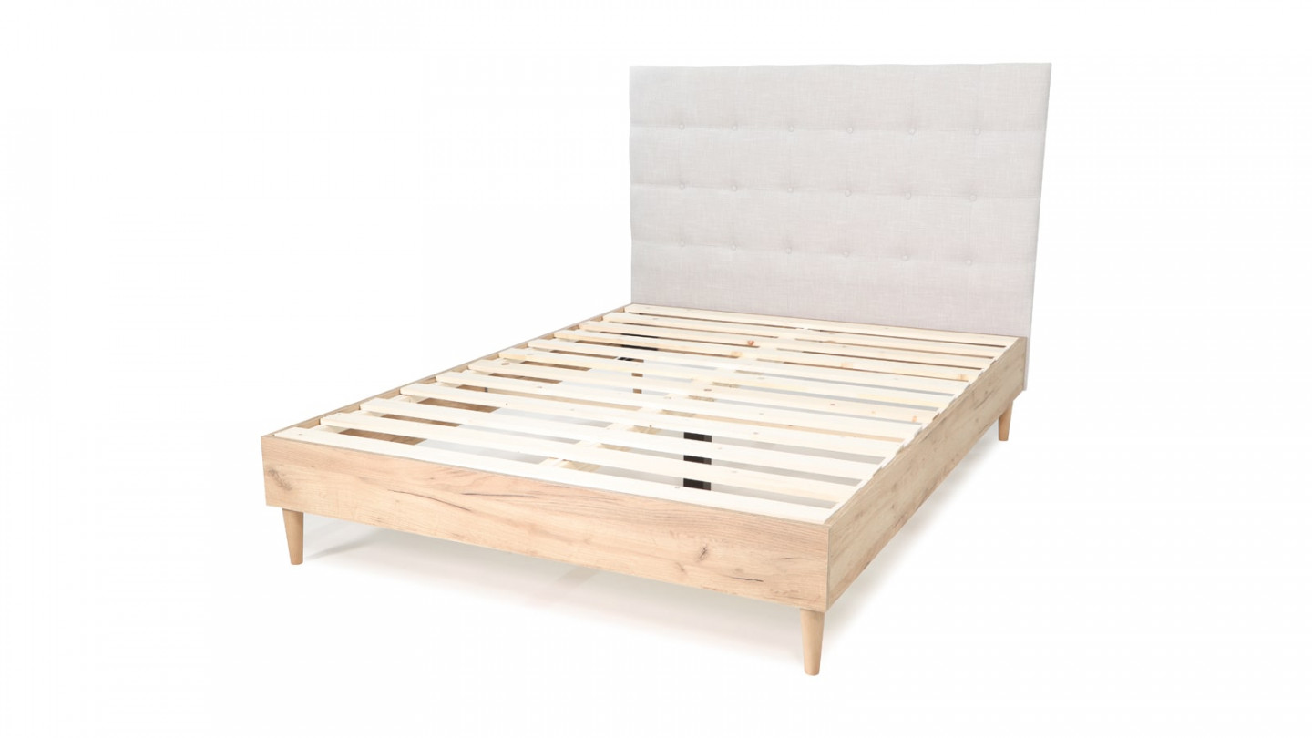 Lit adulte 140x190 cm en bois naturel avec sommier et tête de lit en tissu gris clair - Nico