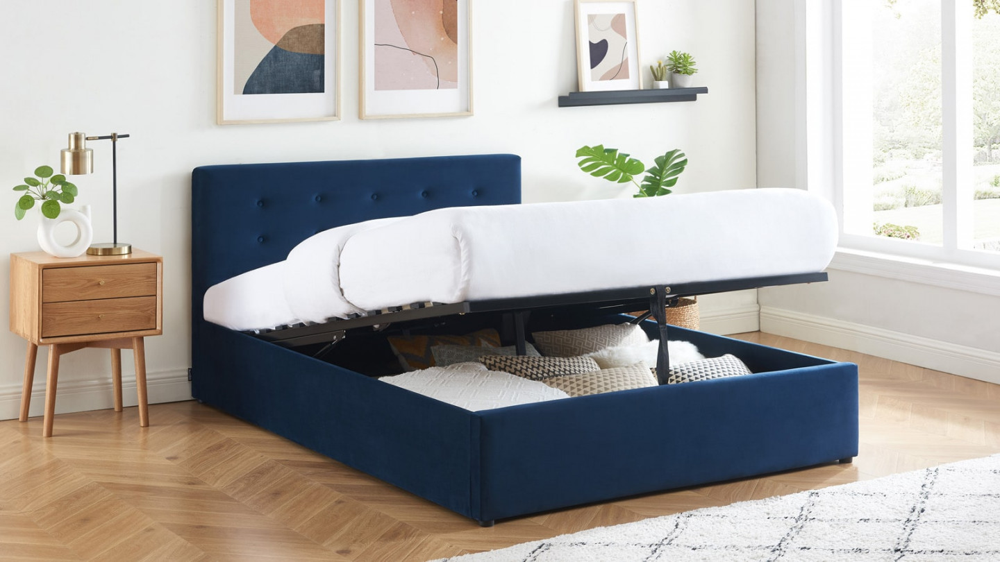 Lit coffre pour adulte TINA 160x200 - Velours bleu foncé