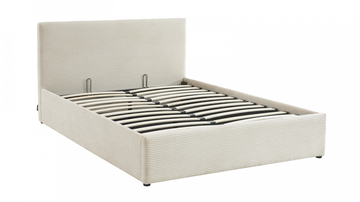  Lit coffre 160x200 en velours côtelé beige avec tête de lit et sommier à lattes - Tina