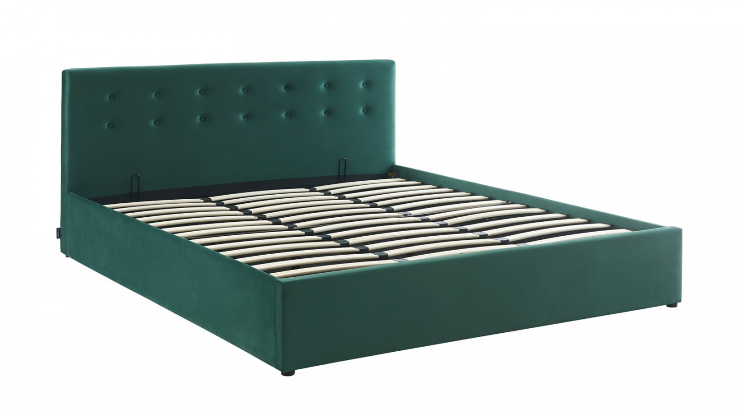  Lit coffre 180x200 en velours vert avec tête de lit et sommier à lattes - Tina