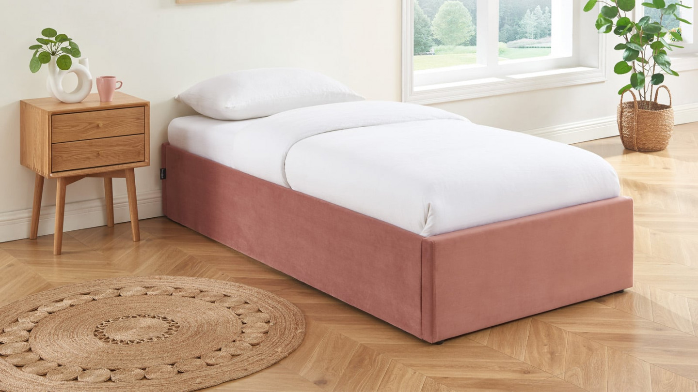 Lit coffre 90x190cm en velours rose + sommier à lattes - Handy