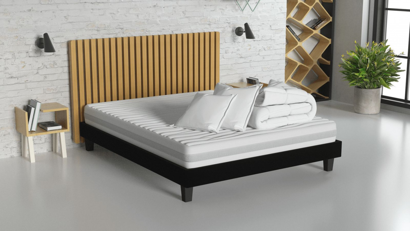 Ensemble matelas mousse 160x200 + sommier à lattes + couette + 2 oreillers - Clean Confort