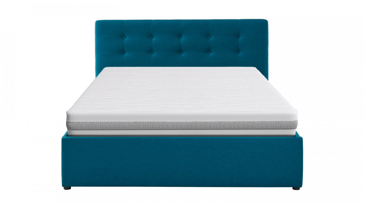 Ensemble lit coffre Tina en tissu bleu canard 140x190cm + Matelas mousse Clean Confort 19 cm