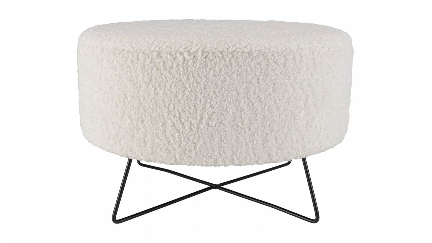 Pouf rond tissu bouclette écru pieds croisés métal noir - Albane