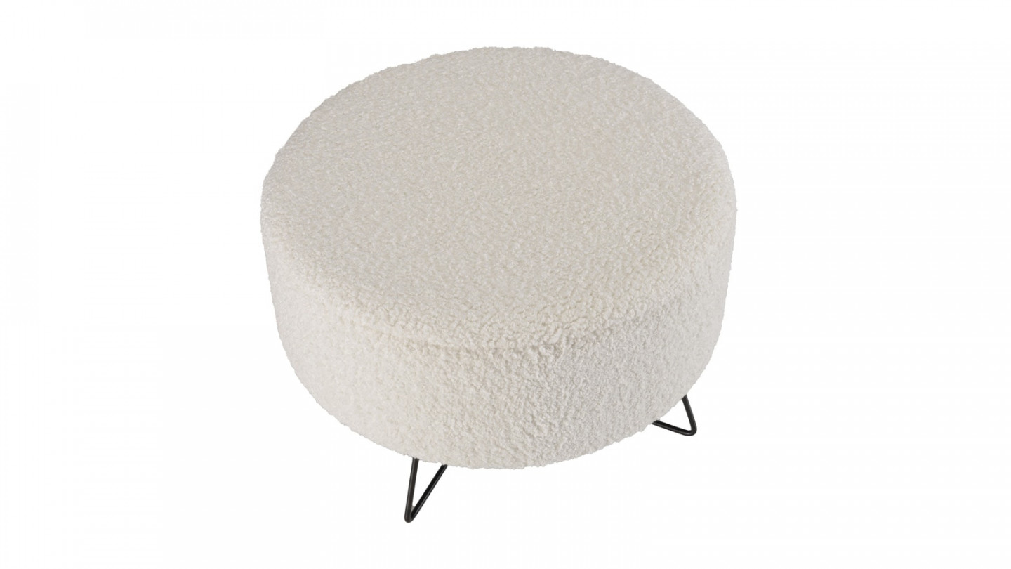 Pouf rond tissu bouclette écru pieds croisés métal noir - Albane