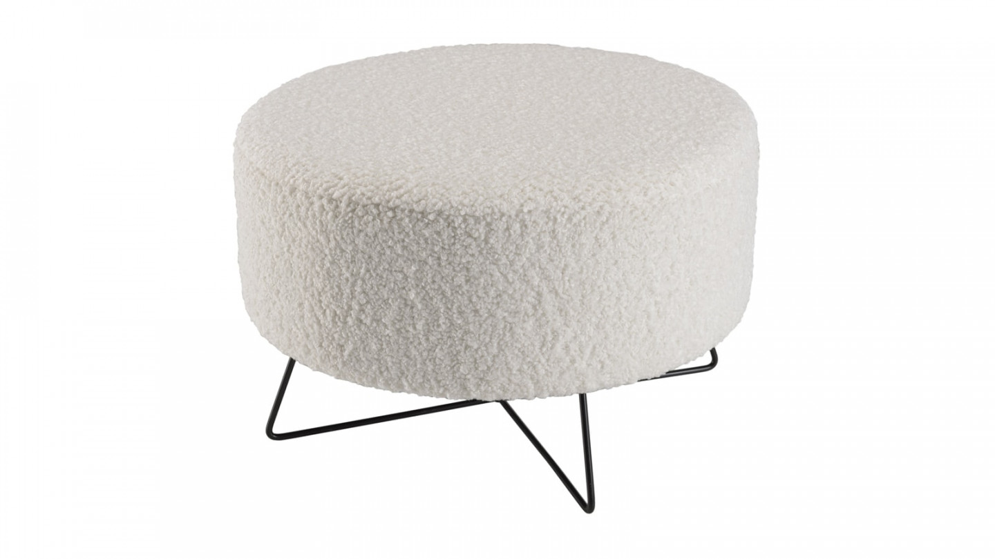 Pouf rond tissu bouclette écru pieds croisés métal noir - Albane