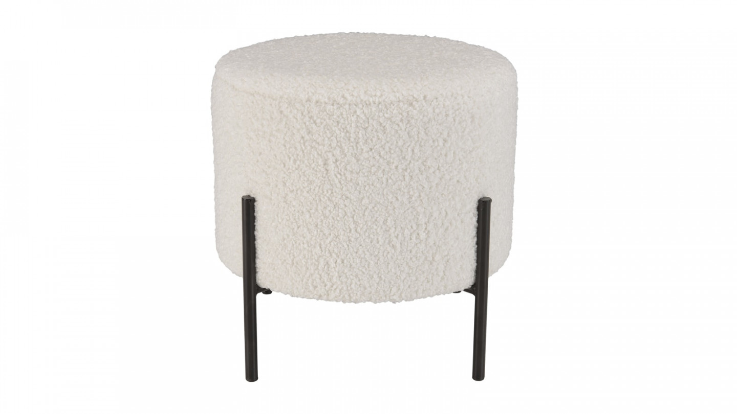 Tabouret rond 40x40cm tissu bouclette écru pieds métal noir - Albane