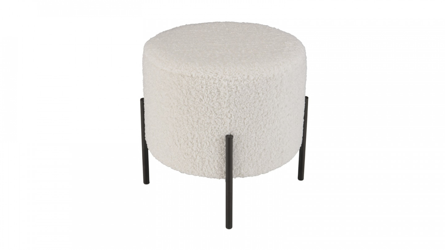 Tabouret rond 40x40cm tissu bouclette écru pieds métal noir - Albane