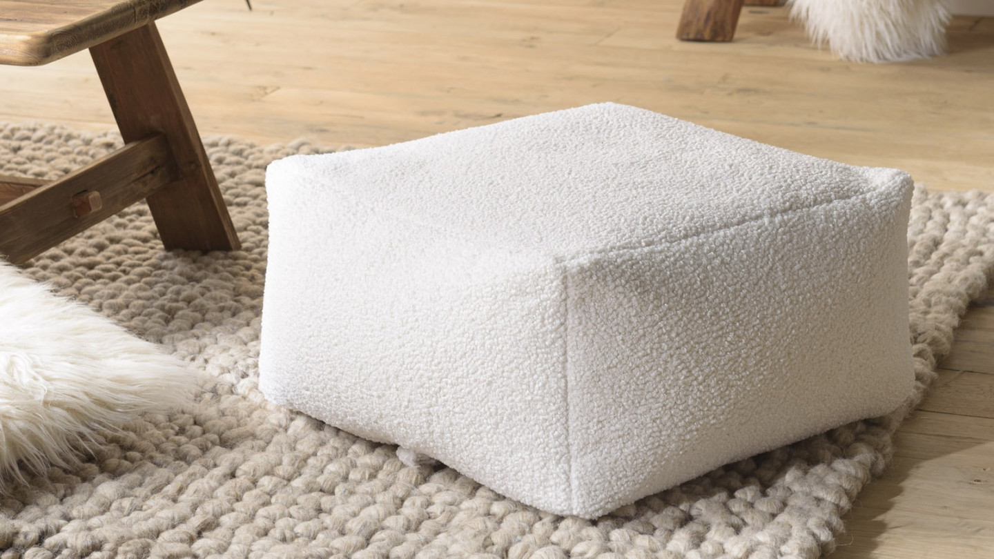 Pouf carré 53x53cm tissu bouclette écru - Albane