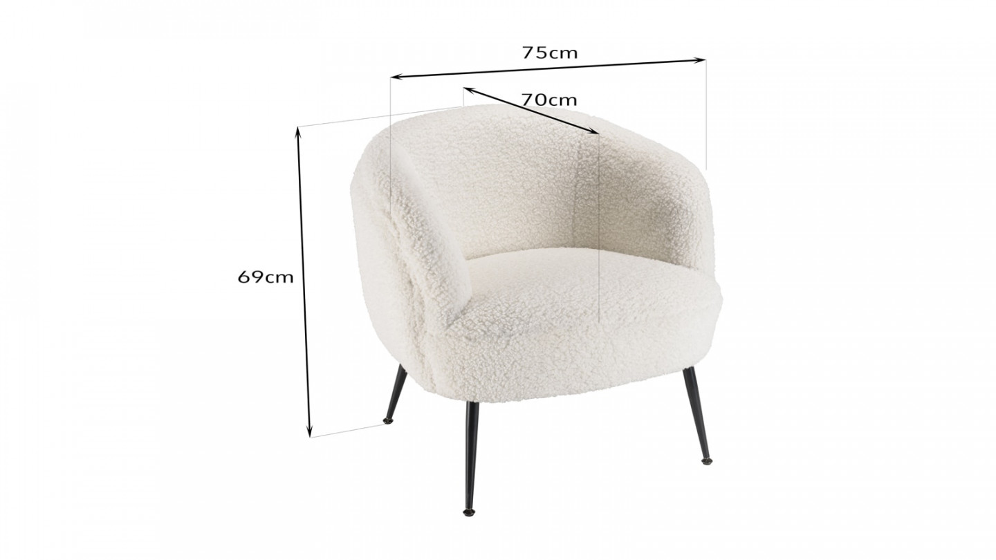 Fauteuil cosy tissu bouclette écru pieds métal noir - Albane