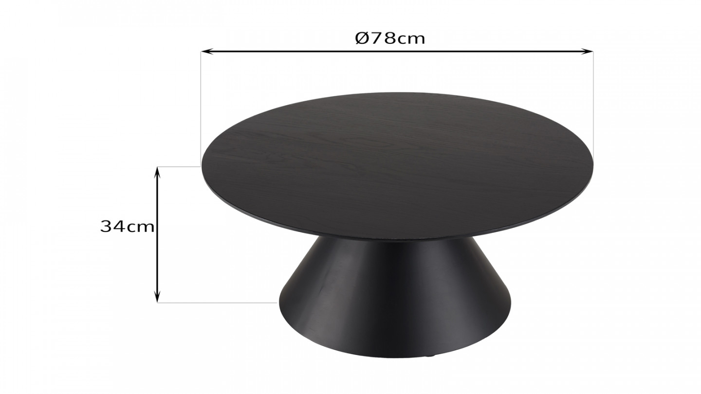 Table basse ronde noire 78x78cm pied conique métal - Daly