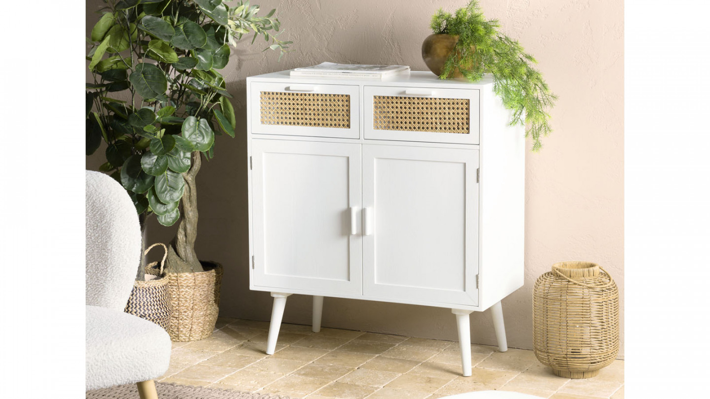 Buffet blanc 2 portes 2 tiroirs cannage naturel - Sandro