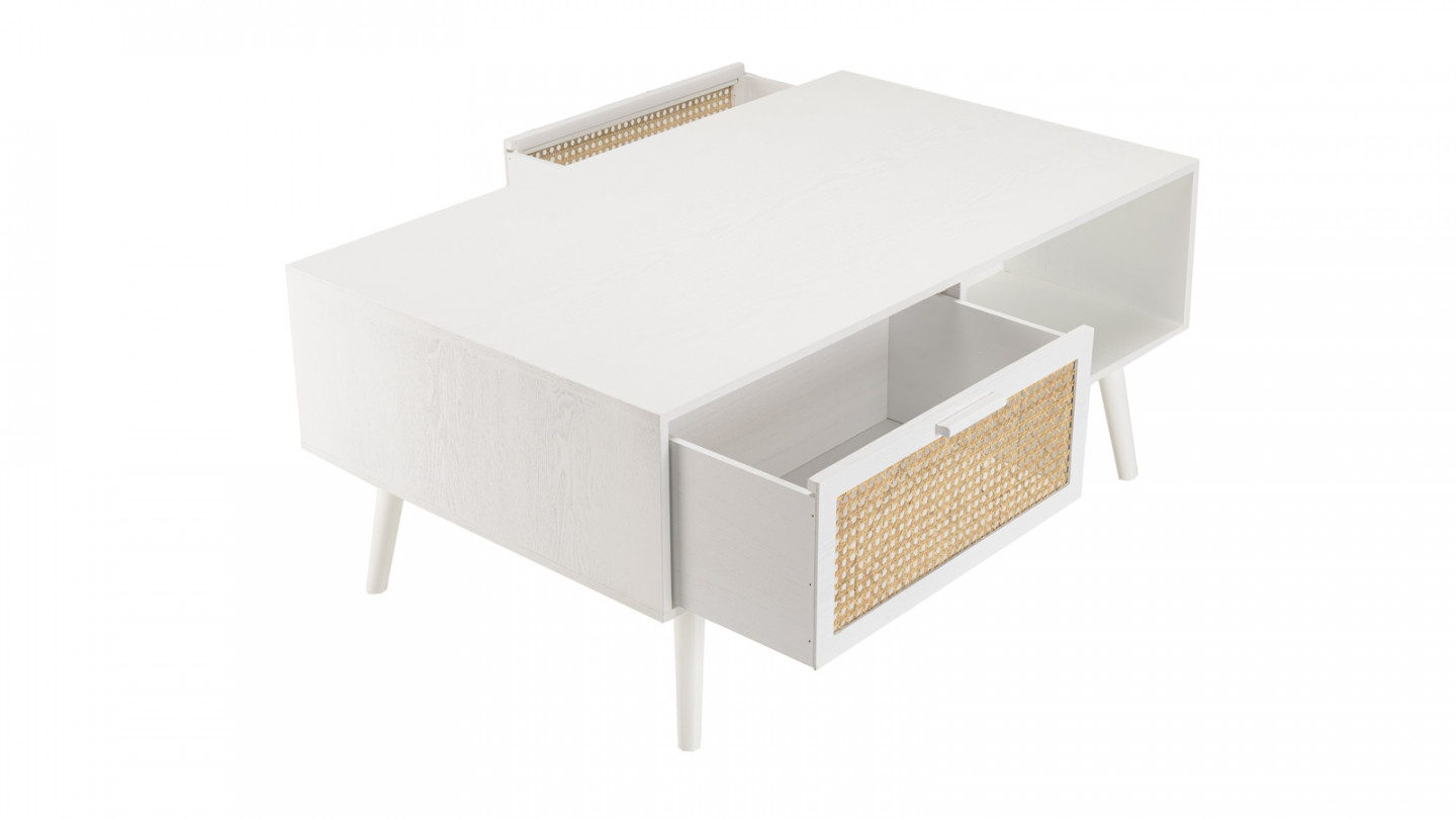 Table basse blanche 2 tiroirs 1 niche cannage naturel - Sandro