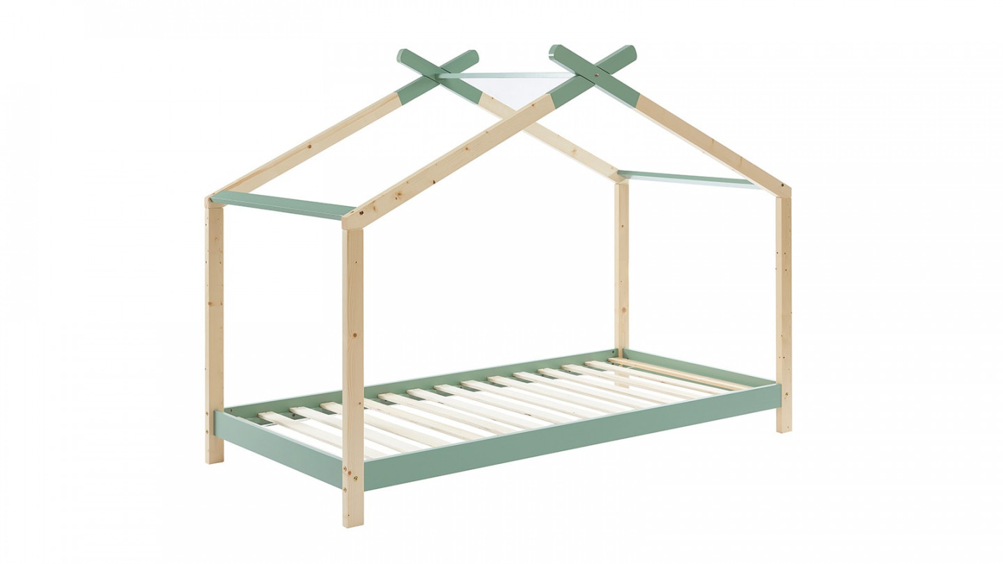 Lit cabane 90x190 en pin massif vert avec sommier - Charly