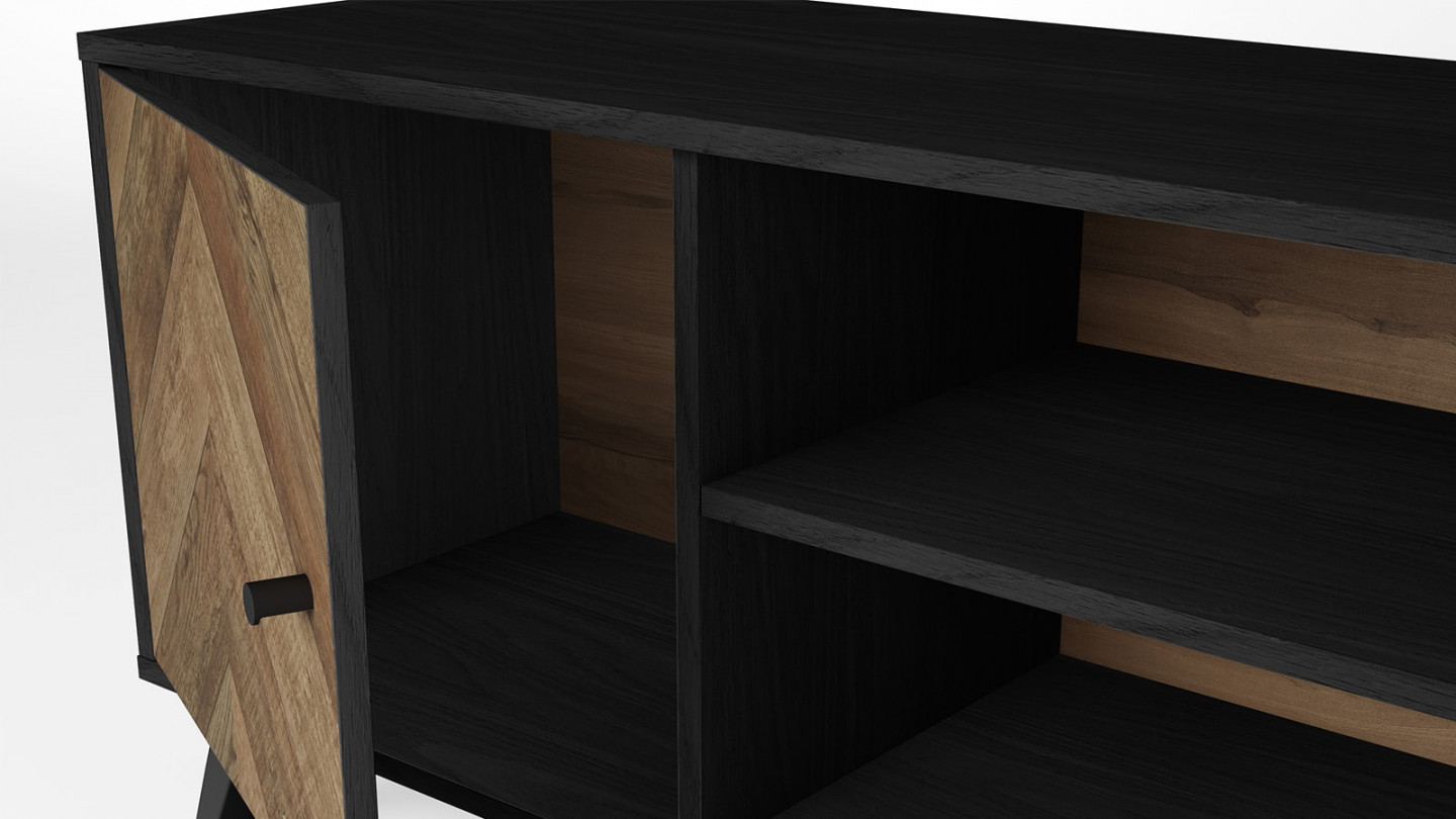 Meuble TV 2 portes effet bois à chevrons / noir 136 cm - Dario