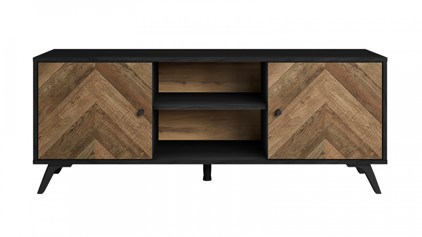 Meuble TV 2 portes effet bois à chevrons / noir 136 cm - Dario