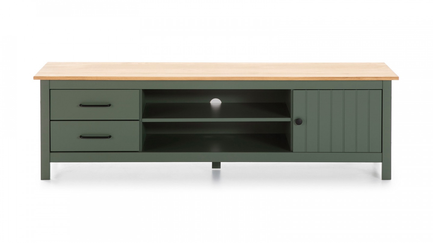 Meuble TV 1 porte 2 tiroirs bois ciré / vert 158 cm - Ida