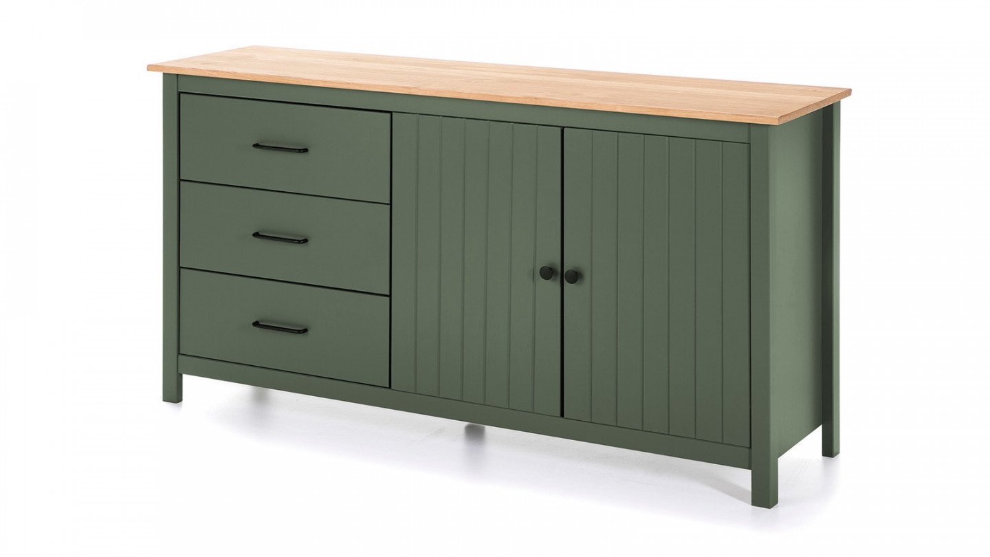 Buffet 2 portes 3 tiroirs bois ciré / vert 150 cm - Ida