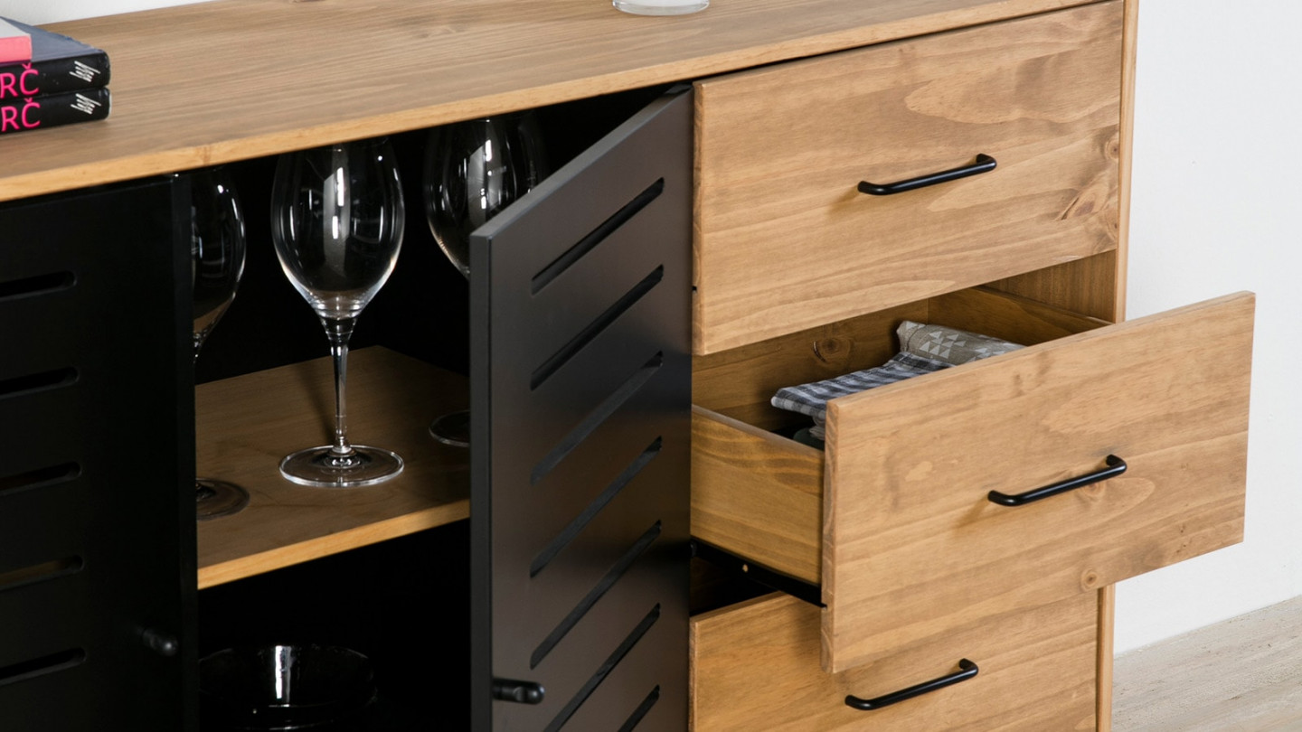 Buffet 2 portes 3 tiroirs bois ciré / noir 141 cm - Rosa